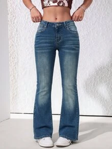 SHEIN Casual Street Style Low Waist Vintage Washed Flared Jeans With Diagonal Pockets And Back Pockets, Leg-Lengthening Floor-Length Pants - Medium Wash - View 5