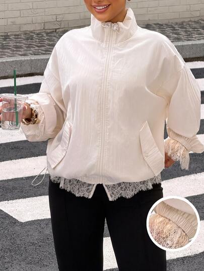 Muchica Off-White Lace Trim Bomber Jacket Autumn Elegant Casual Vacation Party Night Out Office Semi Formal Everyday Lunch Date Festival Outwear For Women