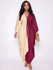Poshavie Poshavie 大尺碼女款非洲風洋裝，拼色V領與抓皺設計，完美適合 - 酒紅色 - 查看 6