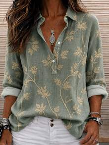 Breezaya Plus Size Vintage Fashion Button Half-Placket Long Sleeve Shirt - Olive Green - View 1