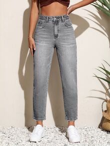 SHEIN PETITE 女款休閒百搭日常牛仔褲，附口袋與鈕扣設計 - 灰色 - 查看 5