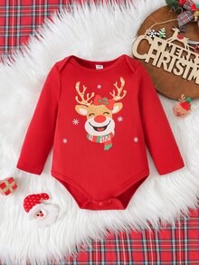 SHEIN Infant Baby Boy Girl Unisex Cute Christmas Pattern Reindeer Design Red Color Romper - Orange - View 9