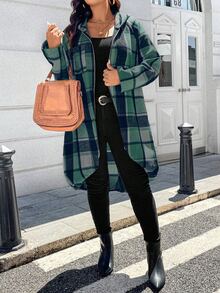 Easura 女款長版格紋外套，印花拼接插肩長袖，前拉鍊連帽設計 - 墨綠色 - 查看 8