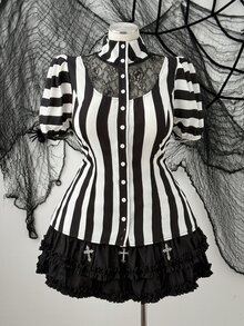 Sunspun Plus Size Halloween Striped Lace Patchwork Blouse - Multicolor - View 3