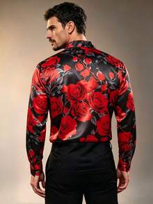 ZURIURI Men's Red Rose Loose Fashion Long Sleeve Shirt - Multicolor - View 2
