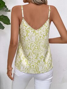 SHEIN Clasi 女款蕾絲花卉印花休閒細肩帶背心 - 鵝黃色 - 查看 2