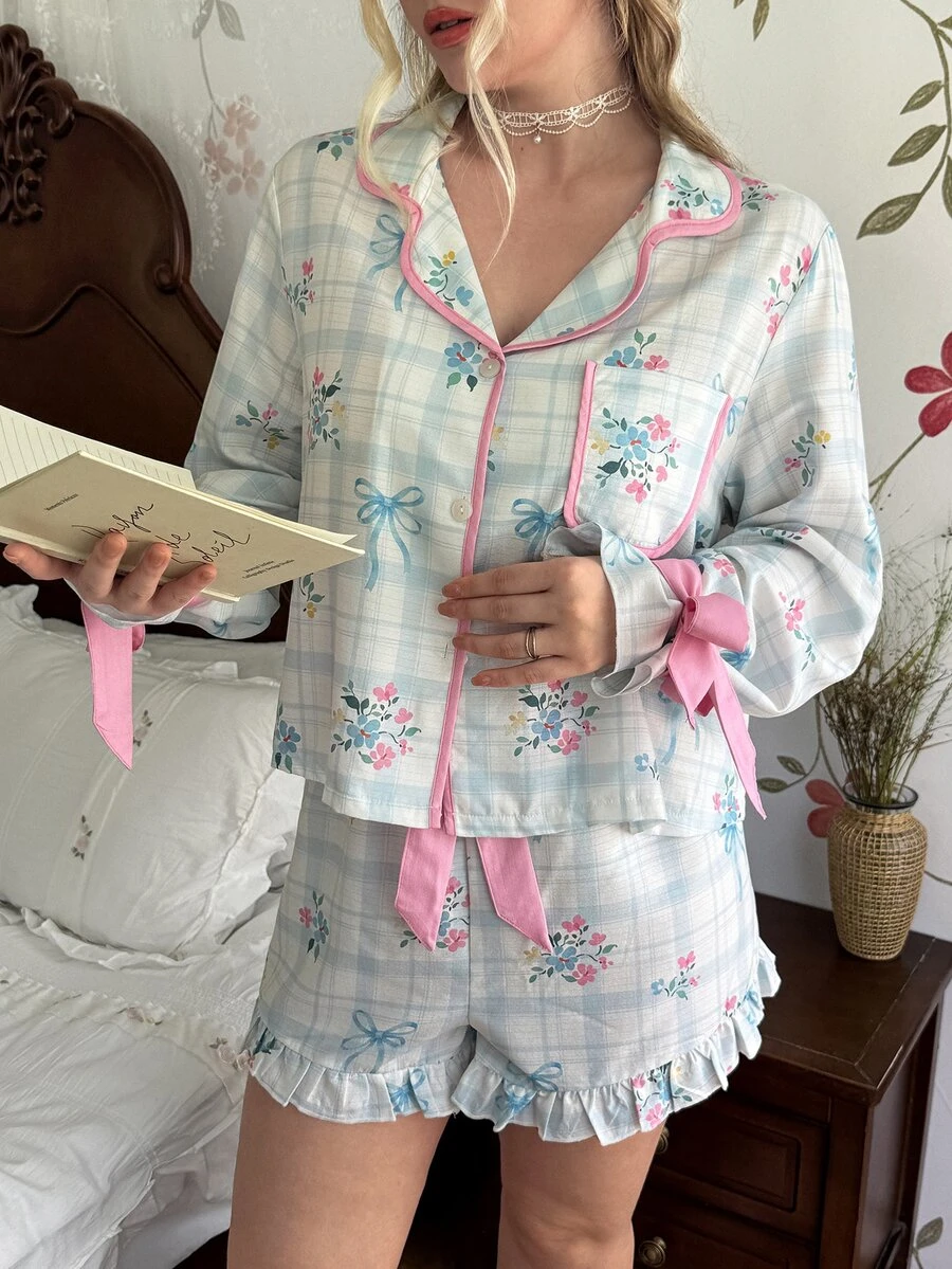 CottageSlumber Romantic Pastoral Floral Leaf Heart Stripe Print Lapel Button-Front Contrast Trim Bow Design Plus Size Women's Pajama Set - Multicolor - View 1
