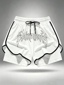 Gym Rark Men's Letter Print Drawstring Waist Double Layer Sports Shorts - White - View 1