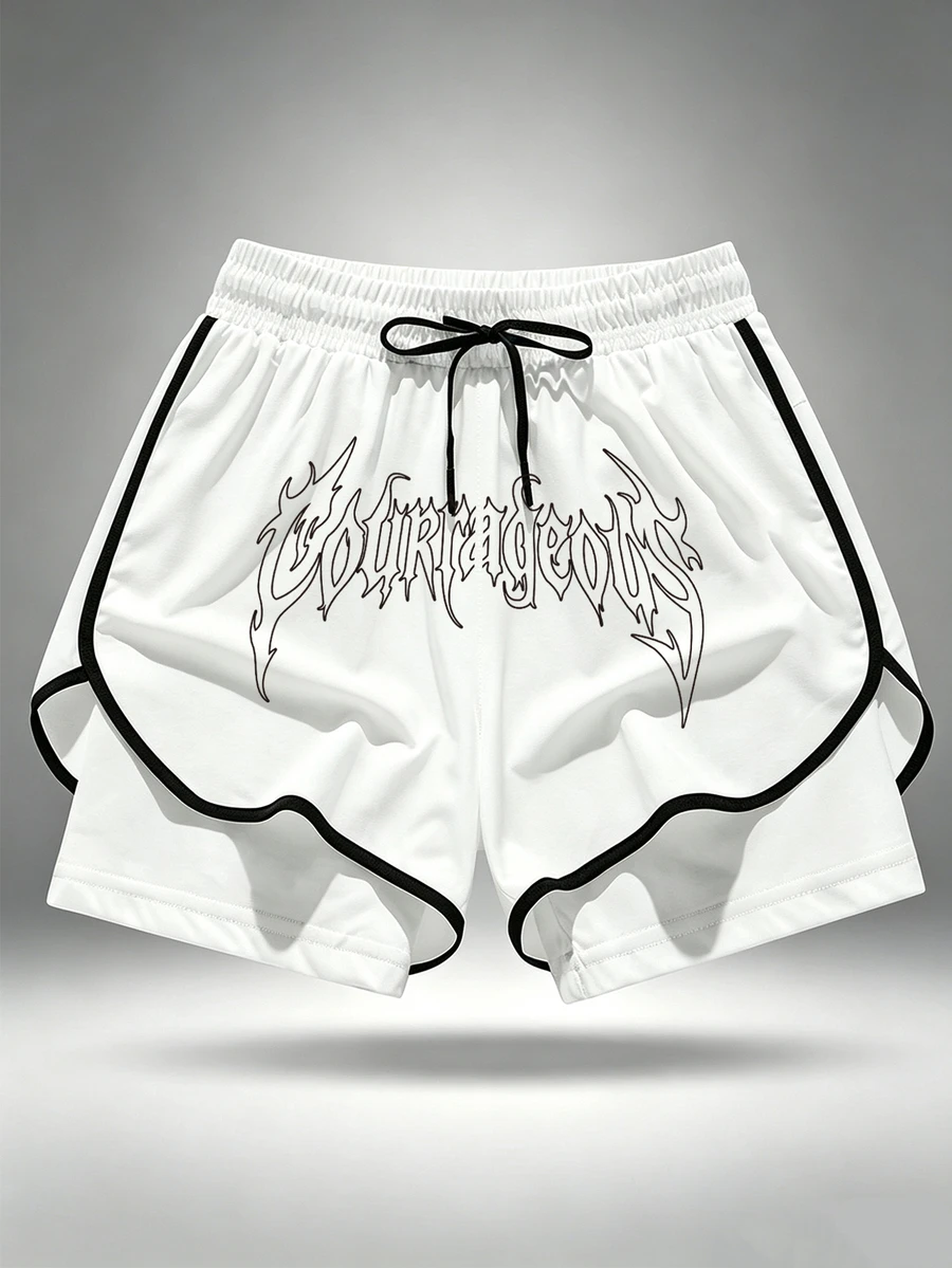 Gym Rark Men's Letter Print Drawstring Waist Double Layer Sports Shorts - White - View 1