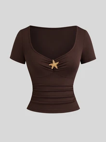 Sweetra Women's Autumn/Winter Brown Ribbed Knit Metal Starfish Decor Twisted Short Sleeve Slim Fit Top + Straight Leg Pants 2-Piece Set, Casual Cute Versatile For Outings, Dates And Daily Wear - Brown - View 6