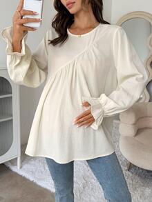 Dazy Maternity Solid Color Loose Ruffle Long Sleeve Casual Vacation Daily Cover-Up Top Spring Autumn Maternity Cover Up - Apricot - View 1