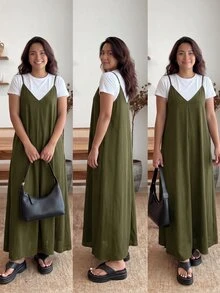 Enliva 大尺碼女款夏季黑色寬鬆細肩帶洋裝，側邊口袋 A 字版型遮肚 - 軍綠色 - 查看 2