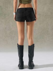 LYSMO Women's Black Low Waist Denim Shorts, Western Style, Music Festival, Summer - Black - View 2