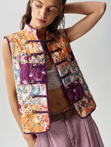 Bohemela Women's Floral Print Frog Button Design Casual Vest Jacket - Multicolor - View 3