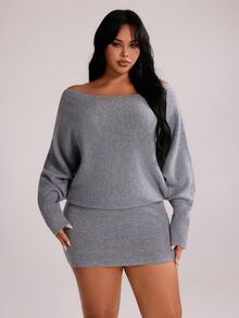 Rustia Plus Size Off Shoulder Batwing Sleeve Knit Mini Dress, Loose Soft Curve-Hugging Melanin Baddie Fall Winter Daily Essential Outfit - Grey - View 5