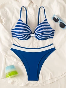 Swim Vcay Glamour 夏季新款女款比基尼泳衣兩件套，鋼圈托高胸部、抓褶設計、雙肩細肩帶、背部可調節三角比基尼 - 彩色 - 查看 3