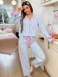 SweetSlumber Women's Plaid Bow Pattern Long Sleeve Single-Breasted Top And Pants Pajama Set - Multicolor - View 6