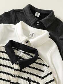 SHEIN 嬰兒男女通用 3 件組 秋冬休閒可愛保暖內裡加厚長袖 POLO 針織上衣，嬰兒冬季 Polo 衫上衣 - 黑與白 - 查看 4
