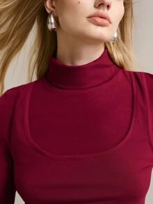 MOTF PREMIUM KAOS WANITA ELEGAN DENGAN KERAH MOCK-LECK, 2 IN 1, WARNA SOLID, MUSIM GUGUR/DINGIN - Merah - View 4