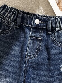 SHEIN 女童街頭風牛仔酷感戶外百搭美式休閒簡約水洗錐形牛仔褲 2025 全季新款日常秋季 - 深色水洗藍 - 查看 4