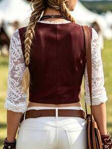 SHEIN LilyWest Women's Western Style Single-Breasted V-Neck Vest Jacket - Burgundy - View 2