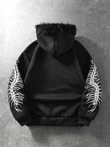 ROMWE MEN Street Life 男士蜈蚣印花長袖拉鍊連帽衛衣 - 黑色 - 查看 2