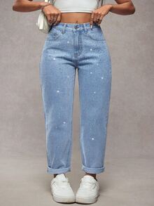 SHEIN CURVE+ Plus Size Women's Fashion Rhinestone Denim Jeans - Medium Wash - View 1