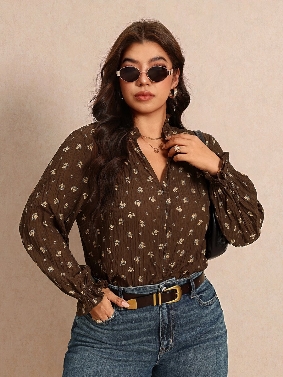 Elaquor Plus Size Women's All-Over Print Casual Versatile Daily Wear Shirt - Multicolor - View 1