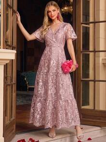 Amorya Women's Elegant Jacquard Mid-Length Dress With Overlap V-Neck, Short Sleeves And Ruffle Hem Wedding Formal Mother Of The Bride Dusty Mauve Summer - Pink - View 7