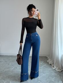 Elenzga Celana Jeans Denim Wanita Model Lebar, Longgar, Kasual, Serbaguna dengan Kantong - Dark Wash - View 7