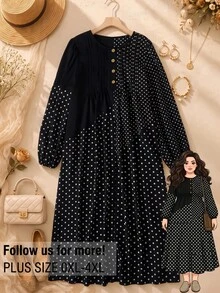 Rusticease Plus Size Women Polka Dot Pattern Button Design Long Sleeve Casual Dress Fall - Black - View 1