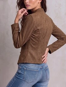 Solivie Women's Solid Color Casual Versatile Daily Long Sleeve Jacket - Coffee Brown - View 3
