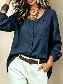 Glimmora Women's Solid Color Long Sleeve Single-Breasted Casual Pocket Shirt - Blue - View 4