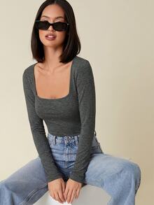 SHEIN BASICS 女款休閒純色方領修身短袖上衣 炭灰色 日常秋季穿搭 - 深灰色 - 查看 5