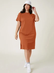SHEIN BASICS 大尺碼女款夏季洋裝 優雅女款夏季穿搭洋裝 - 鏽棕色 - 查看 5