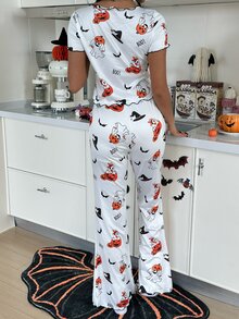 ZzzCrew Halloween Fun Pumpkin & Ghost Print, Exquisite Ruffle Short Sleeve + Slimming Flare Pants Loungewear Pajama Set - White - View 2