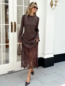 Serisse Women's Lace Patchwork Casual Party Midi Dress - Brown - View 4