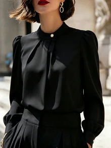 SHEIN Women's Woven Solid Color Ruched Collar Casual Elegant Long Sleeve Blouse, Autumn Office Dinner Black - Black - View 5