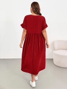 Shapeblank Plus Size Women's Solid Color Pleated Casual Daily Summer Dress - Red - View 2