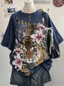 Lalippa 虎紋數位印花時尚極簡寬鬆中長版圓領落肩女款T恤，送給朋友的禮物 - 彩色 - 查看 1