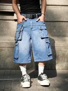 Manfinity EMRG Men's Loose Casual Denim Wide Leg Cargo Shorts - Blue - View 4
