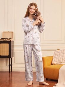 Provexi Provexi Women's Long Sleeve Long Pants Cartoon Print 2 Pieces Pajama Set - White - View 1