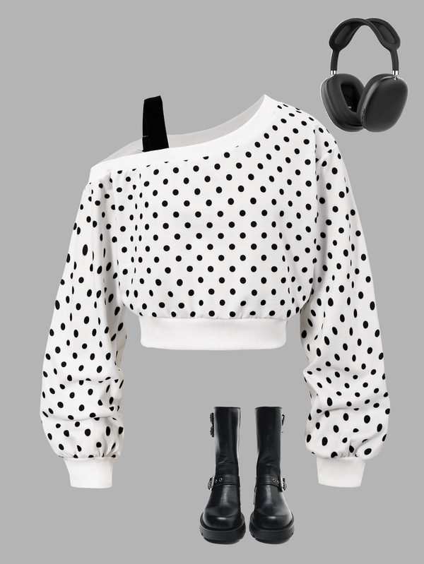 SHEIN Sparklyn Tween Girls Casual Autumn/Winter Black Polka Dot Asymmetrical Collar Long Sleeve Cropped Sweatshirt