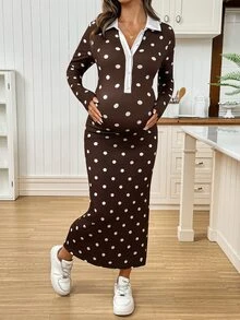 SHEIN Maternity Polka Dot Colorblock Casual Daily Summer Dress - Brown - View 6