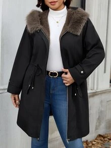 SHEIN Clasi Plus Size Women's Fur Collar Long Sleeve Drawstring Waist Casual Jacket - Black - View 3