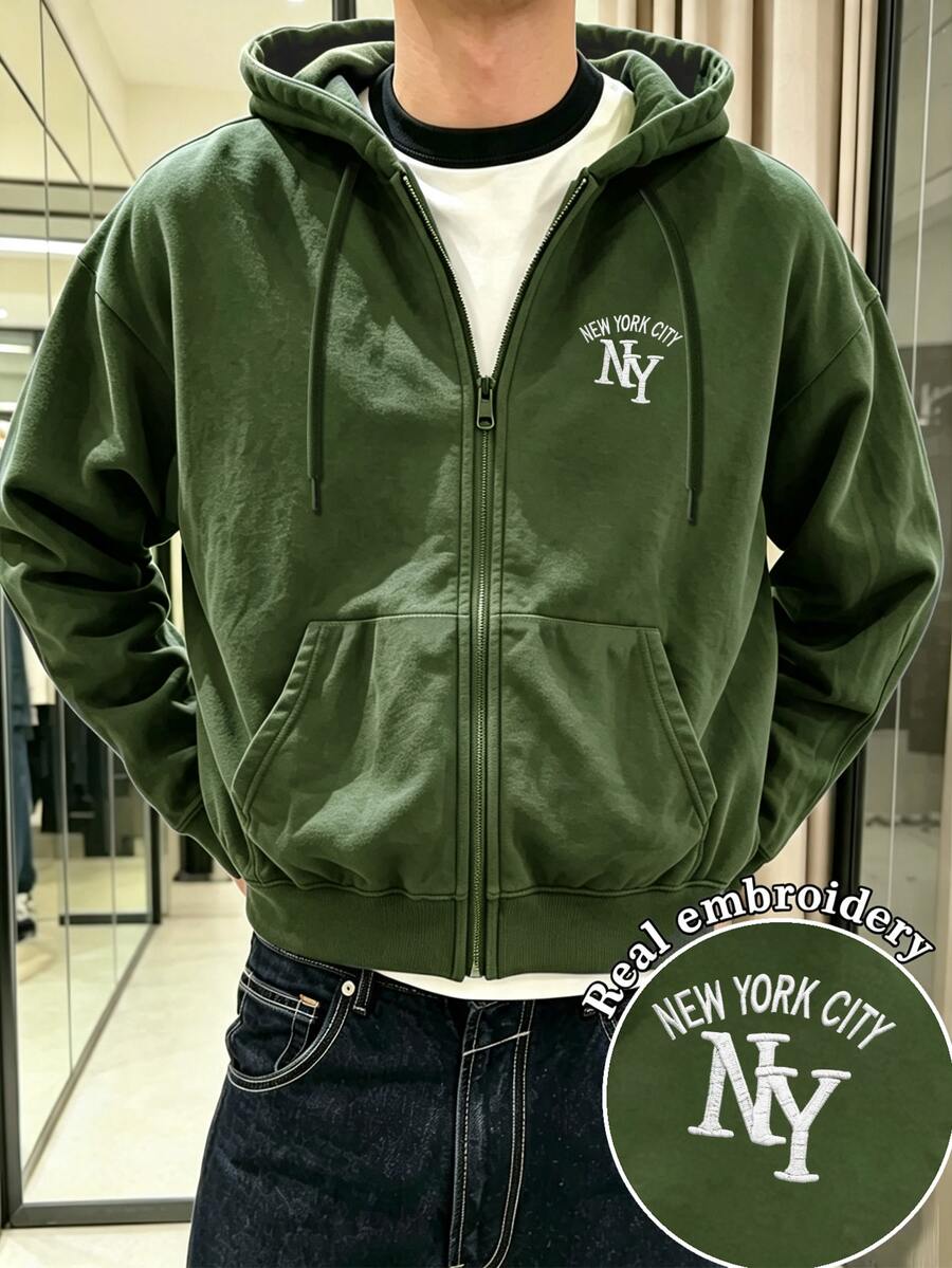 Resyla Men 男士字母刺繡寬鬆拉鍊連帽外套 - 橄欖綠 - 查看 1