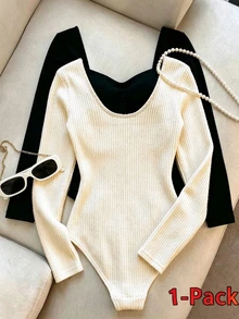 Resyla Women's Solid Color Sweetheart Neck Long Sleeve Casual Bodysuit - White - View 2