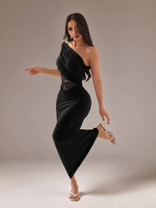 SHEIN PETITE Spring Summer New Elegant Romantic Sexy Mesh Contrast Lace Sheer Waist One Shoulder Ruched Cold Shoulder Cinched Cinched Waist Fitted Black Dress - Black - View 1