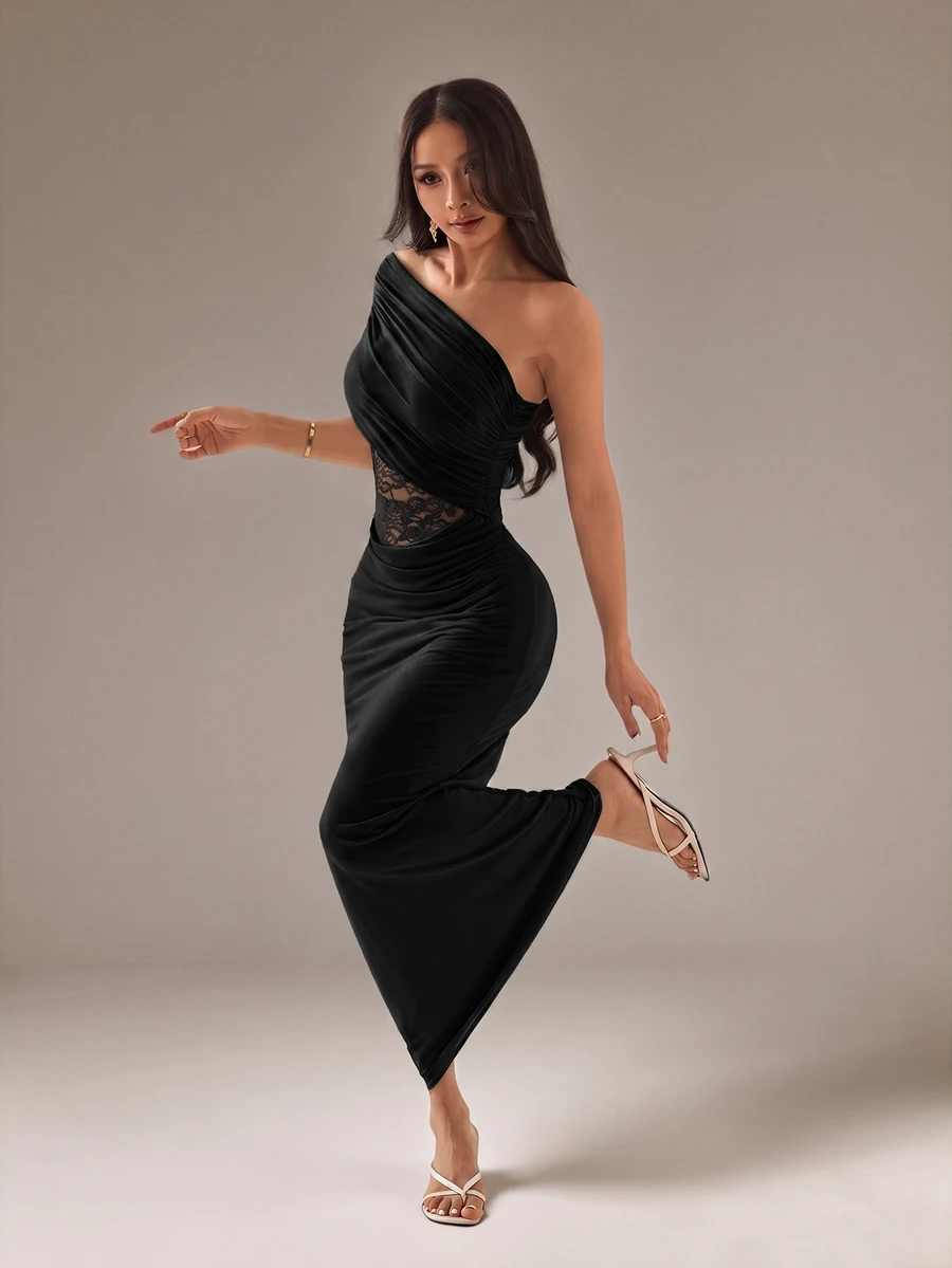 SHEIN PETITE Spring Summer New Elegant Romantic Sexy Mesh Contrast Lace Sheer Waist One Shoulder Ruched Cold Shoulder Cinched Cinched Waist Fitted Black Dress - Black - View 1