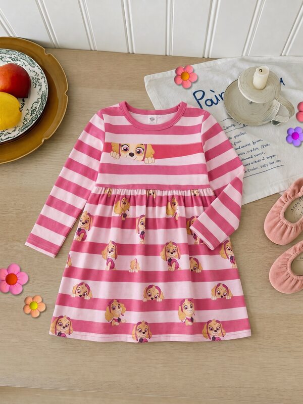Maija Kids SHEIN | PAW Patrol Maija Kids Đầm len dệt họa tiết hoạt hình kẻ sọc tay dài phong cách thường ngày dễ thương cho bé gái